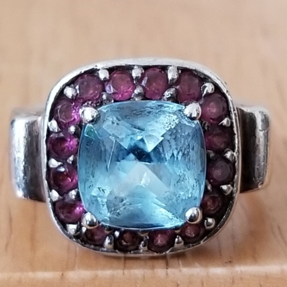 Blue Topaz and Ruby Cable Sterling Silver Ring